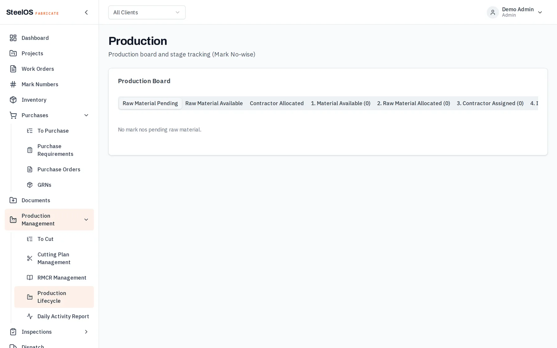 SteelOS Fabricate production view: work orders by stage with contractor-wise progress