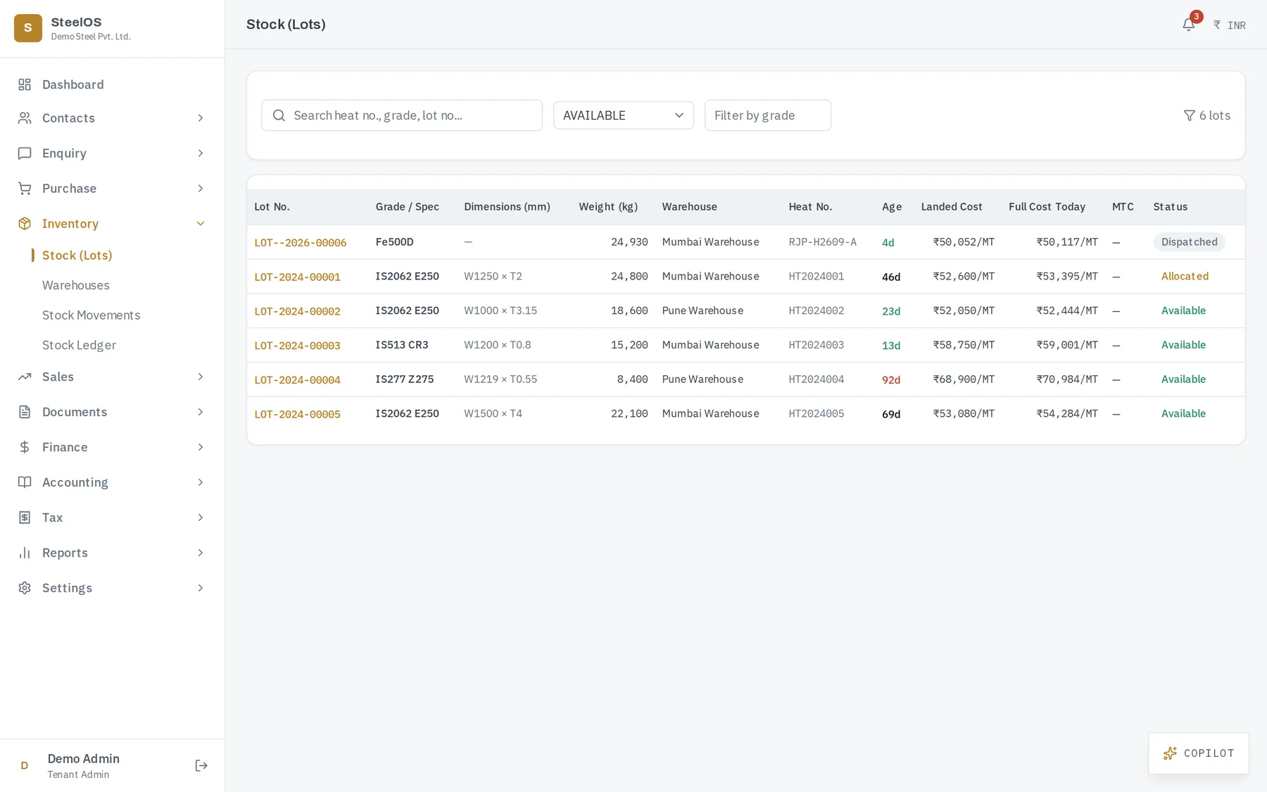 Lot-level inventory list with landed cost, weight and status per lot