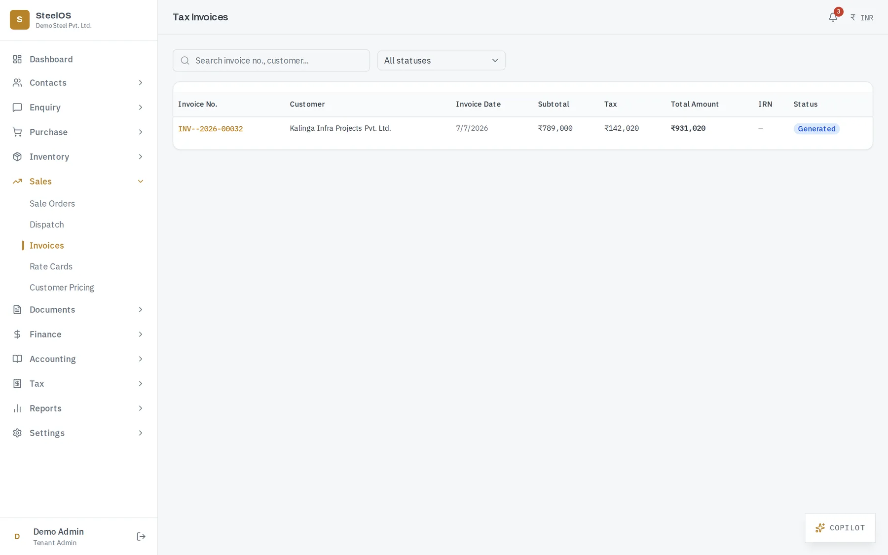 Sale invoices with GST, e-way bill and payment status per invoice