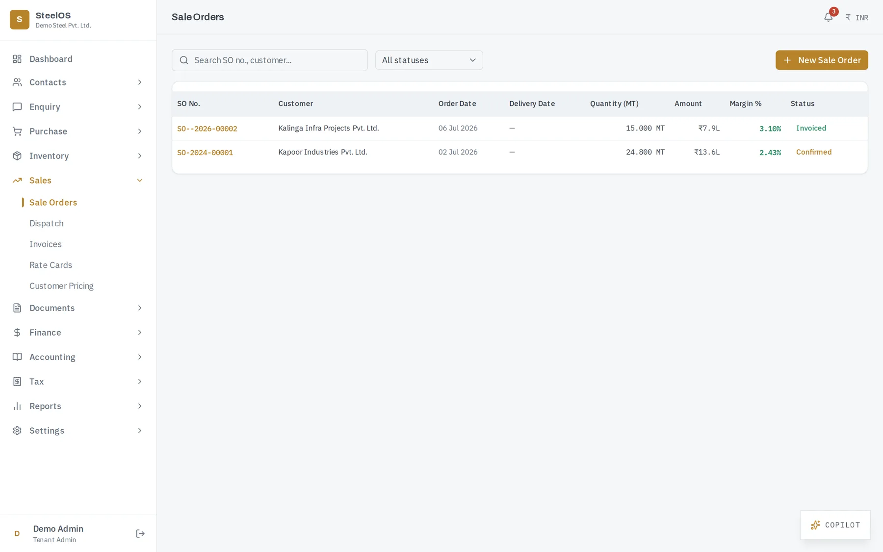 Sale orders list with margin and allocation status